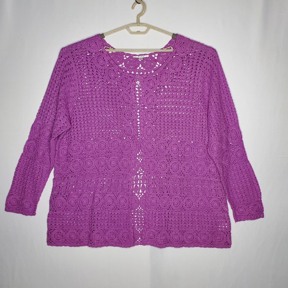 Liz Claiborne New York Crochet Granny Square Cardigan Sweater Women 3X Pink Vtg